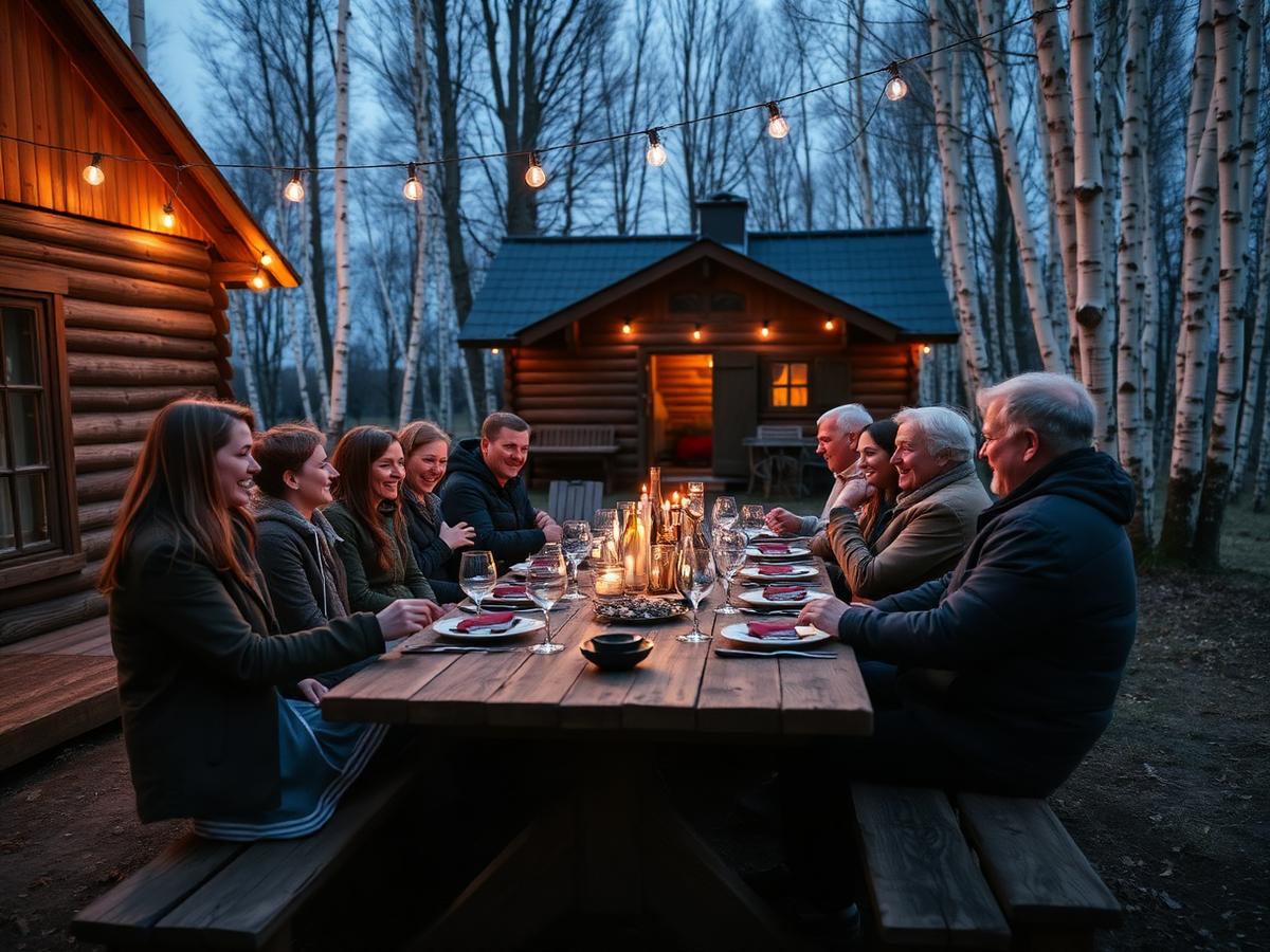 Residents and locals sharing a long dinner table beside a wooden village cottage